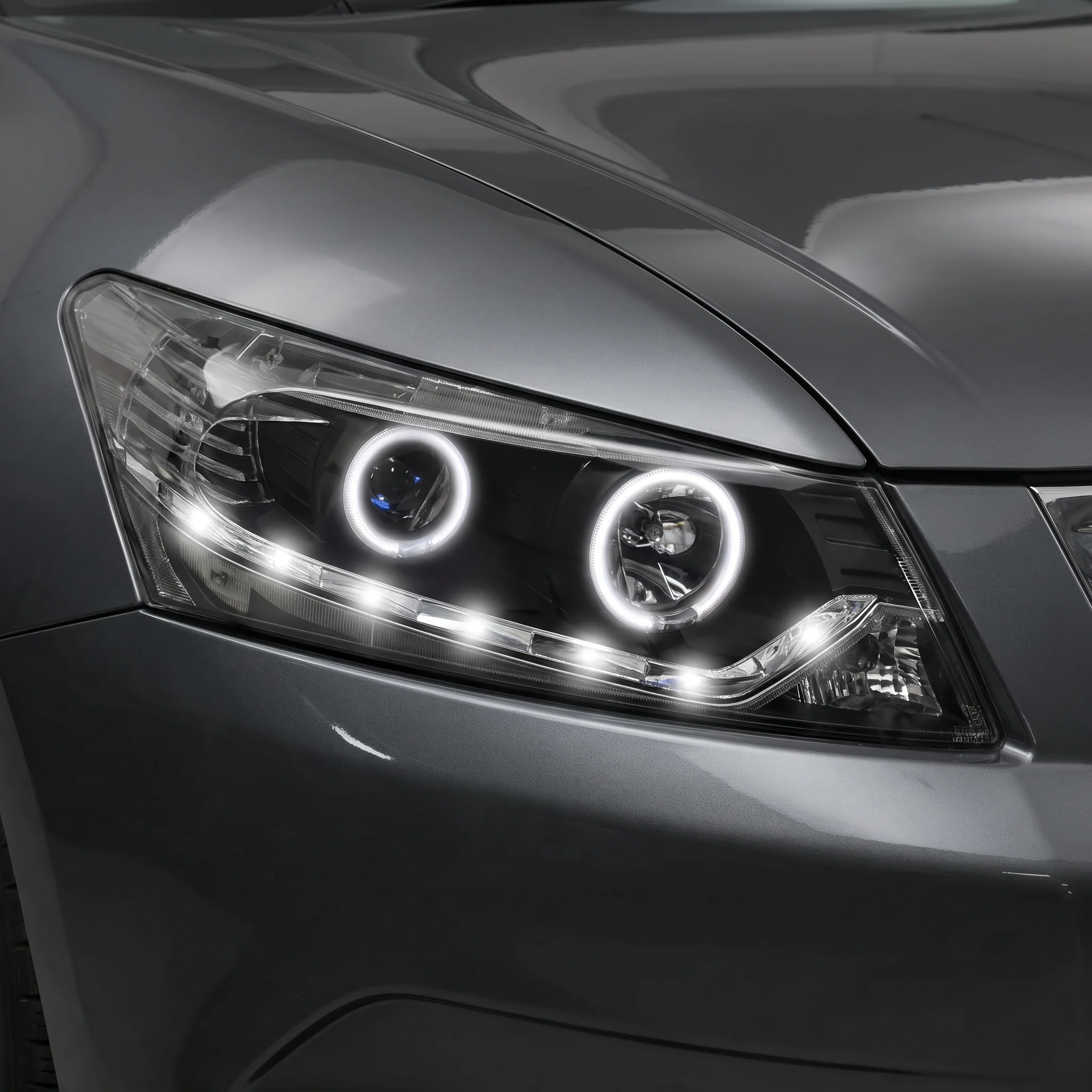 Honda Accord Euro CU (2008 - 2013) Black LED DRL & High Power Angel Eyes Style Projector Headlights LH + RH - Image 2