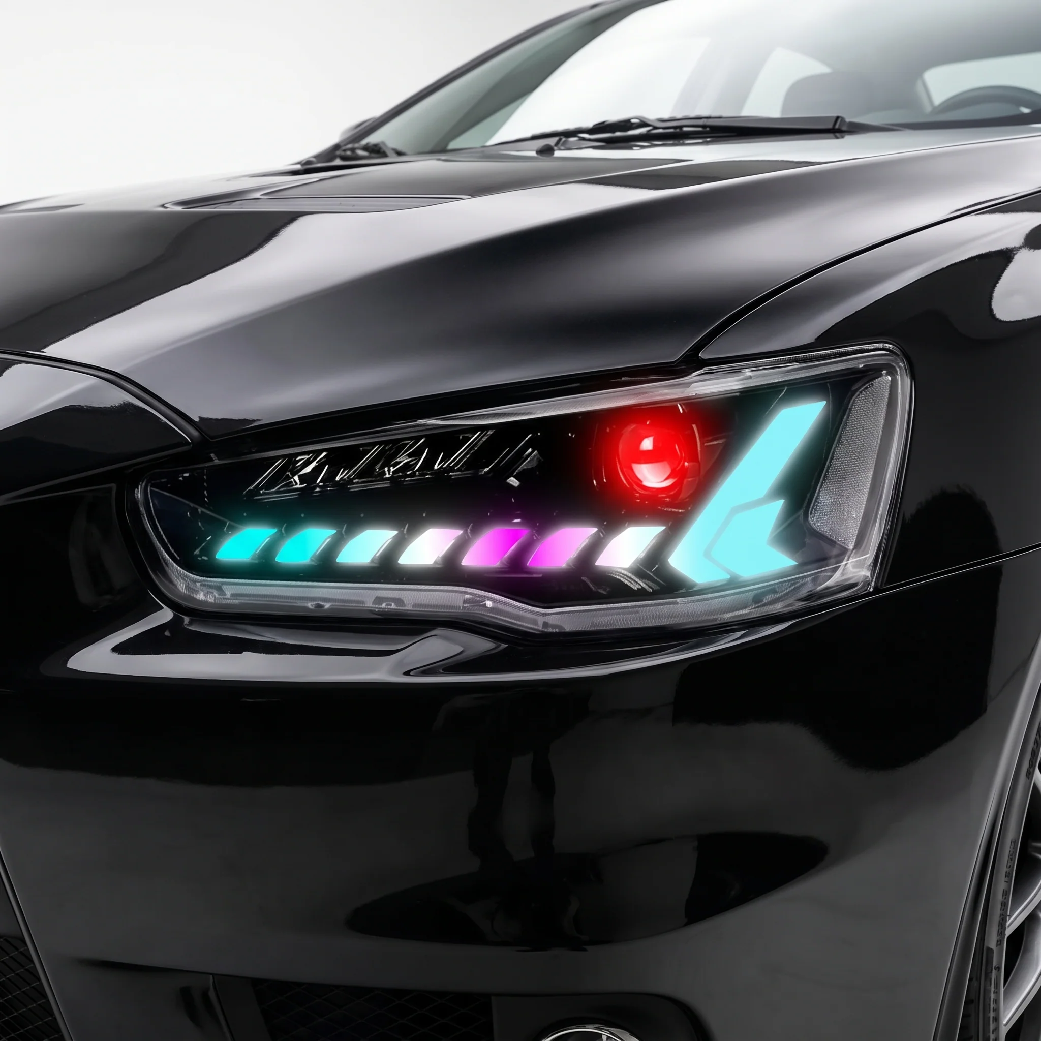 Mitsubishi Lancer Evo 10 (2007 - 2017) RGB Demon Eye Style LED DRL Projector Headlights LH + RH - Image 2