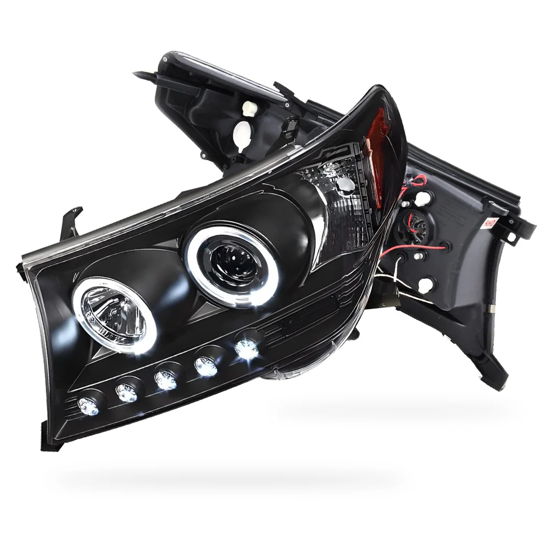 Toyota LandCruiser 200 Series LC200 / FJ200 (2007 - 2015) Black LED DRL & CCFL Angel Eyes Projector Headlights LH + RH