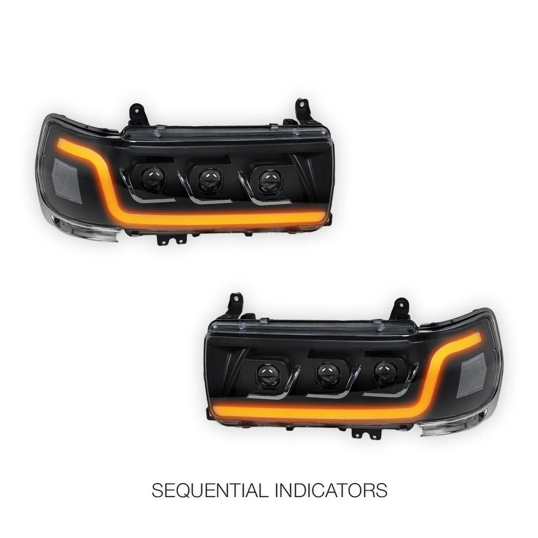 Toyota LandCruiser 80 Series (1990 - 1997) Sequential LED DRL Black Projector Headlights LH + RH - Image 4