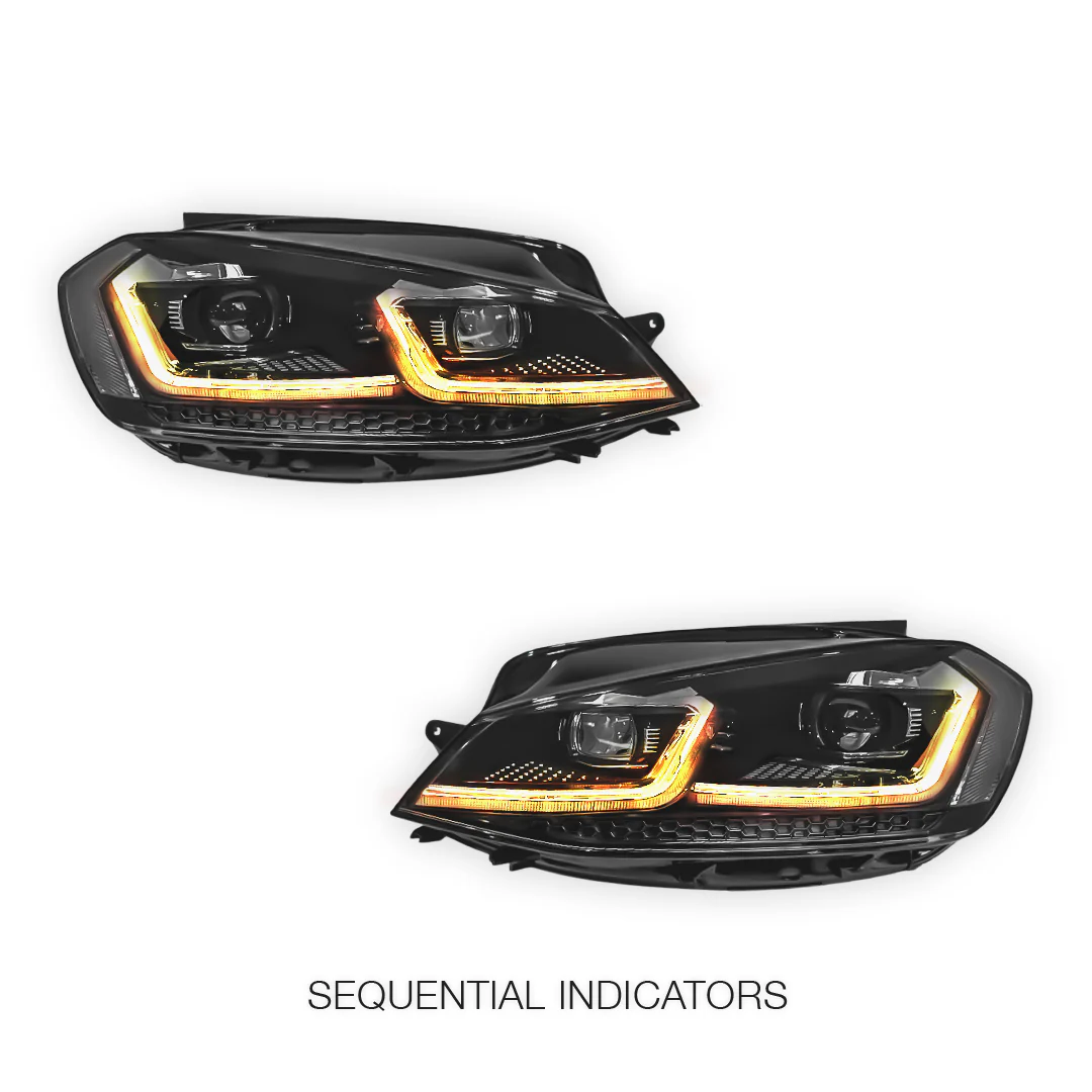 Volkswagen Golf MK7.5 (2018 - 2020) Black R Style DRL LED Projector With Sequential Indicators Headlights LH + RH - Image 3